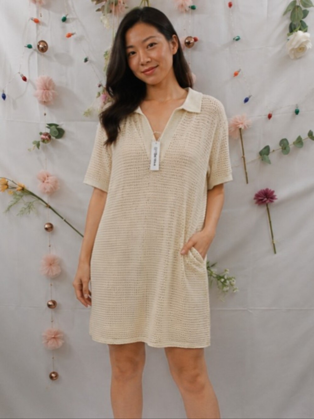 Casual Crochet Polo Mini Dress in Cream